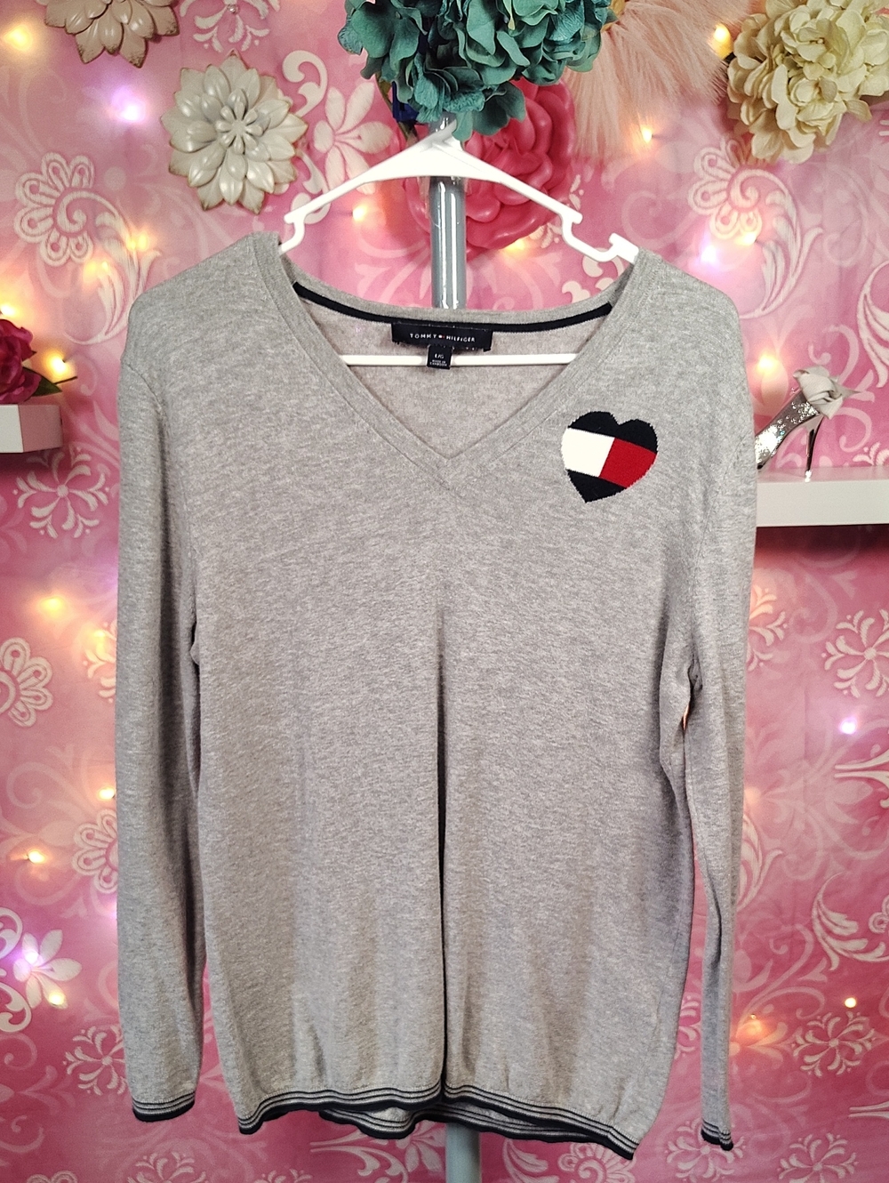 Tommy Hilfiger Light Gray V-Neck Sweater with Heart Patch